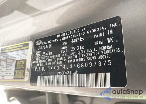 2016 Kia Optima Lx z USA, uszkodzony, nr VIN 5XXGT4L34GG097375